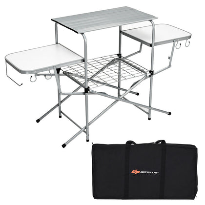 Folding Camping Table Height Adjustable Picnic Table W/ 2 Side Tabletops Hooks
