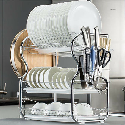 Kitchen Dish Drainer 3 Tier Chrome Alloy Plate Bowls Cutlery Rack With Drip Tray