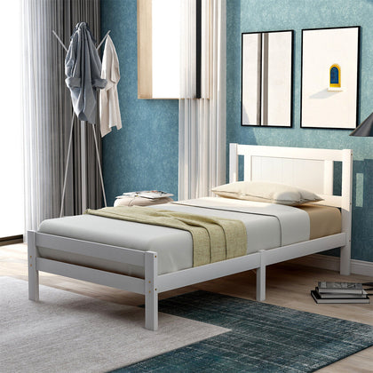 Single Bed White Solid Wooden Bed Frame Solid Wood For Adults, Kids, Teenagers