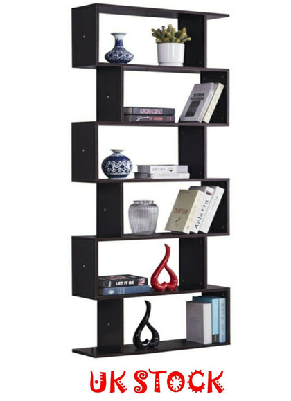 6 Tier S Shape Bookshelf Storage Display Stand Modern Z-Shelf Wooden Book Shelve