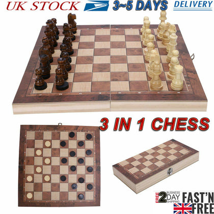 UK 3 IN 1 Large Chess Wooden Set Folding Chessboard Pieces Wood Board New Hot PT