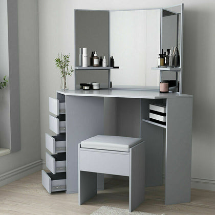 Grey Dressing Table With 3 Mirror & Stool Corner Vanity Makeup Desk 5 Drawer Set