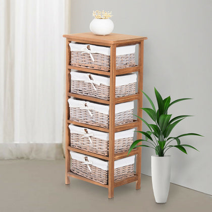 Wicker 5 Drawers Units Wooden Storage Cabinet Basket Natural