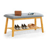 Upholestered 2 Tier Shoe Bench Cabinet Storage Organizer Bamboo Wood Deep Button