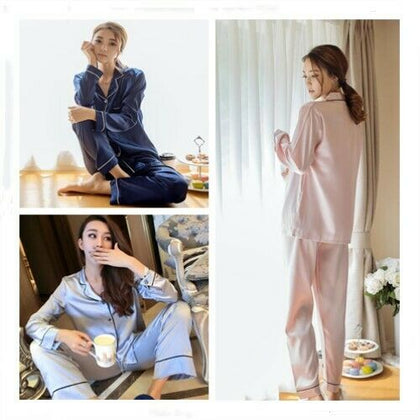 Women Lady Satin Silk Satin Pajamas Set Long Sleeve Night Sleepwear Pyjamas Suit