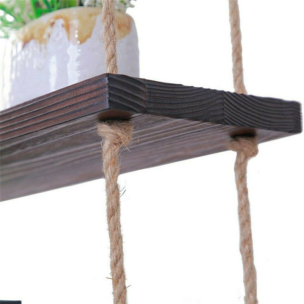 3 Tiers Rustic Wooden Wall Hanging Rope Shelf Mounted Floating Storage Unit Home