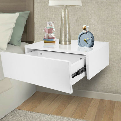 Bedside Table Floating Nightstand Wall-Mounted Shelf with Drawer White Wooden