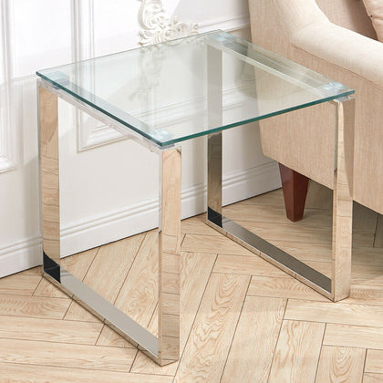Square Glass Side Table Chrome Stainless Steel Modern Tempered Glass Living Room