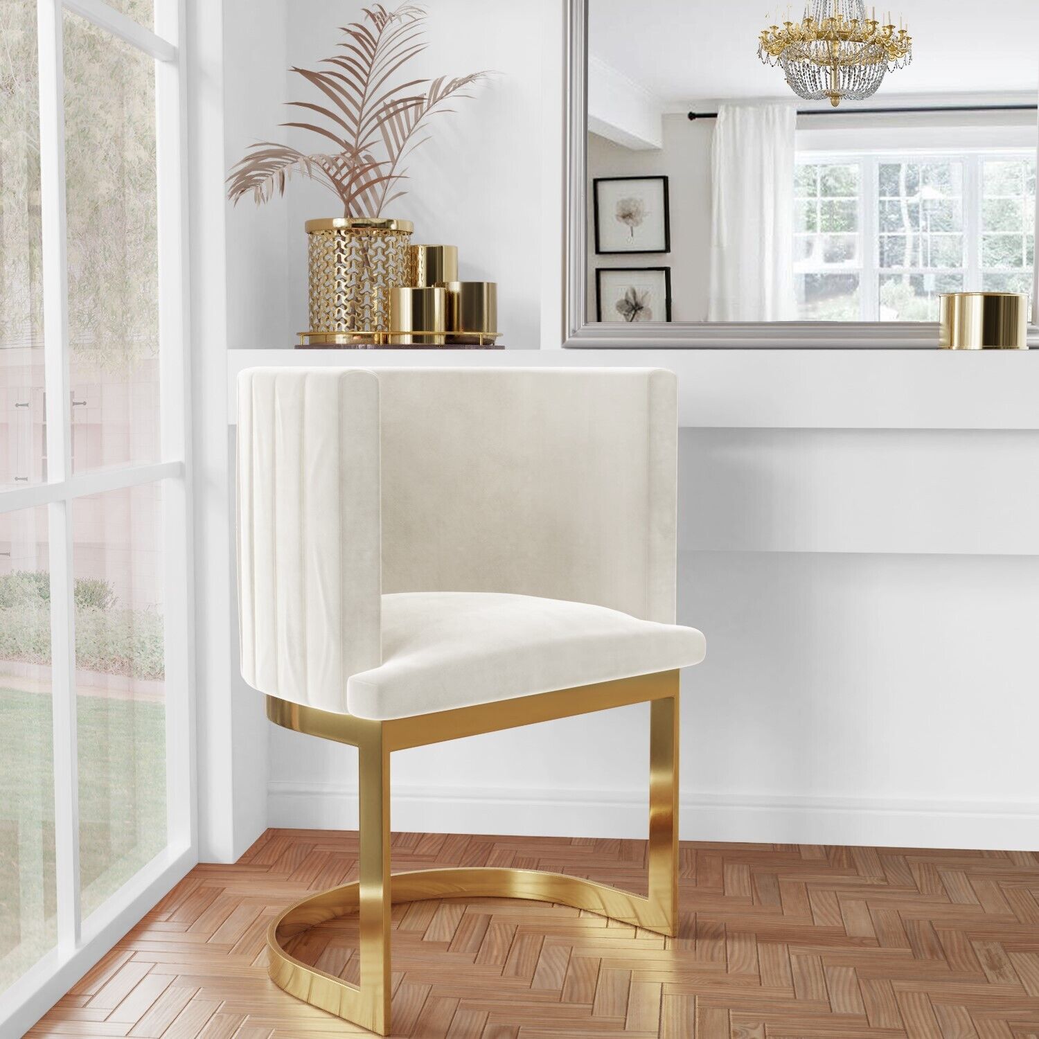 Off White Velvet Cantilever Dressing Table Chair with Gold Legs Zele Quildinc