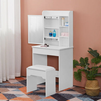 Slide Mirror Dressing Table Makeup Desk Adjustable With Stool Bedroom White