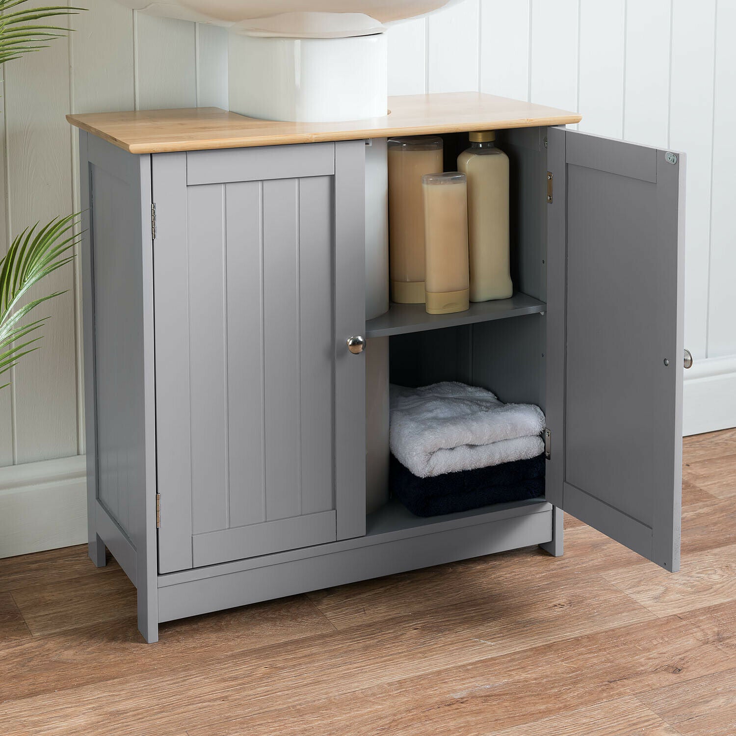 Bathroom Under Sink Cabinet Grey Bamboo Wooden Storage Cupboard Unit Christow