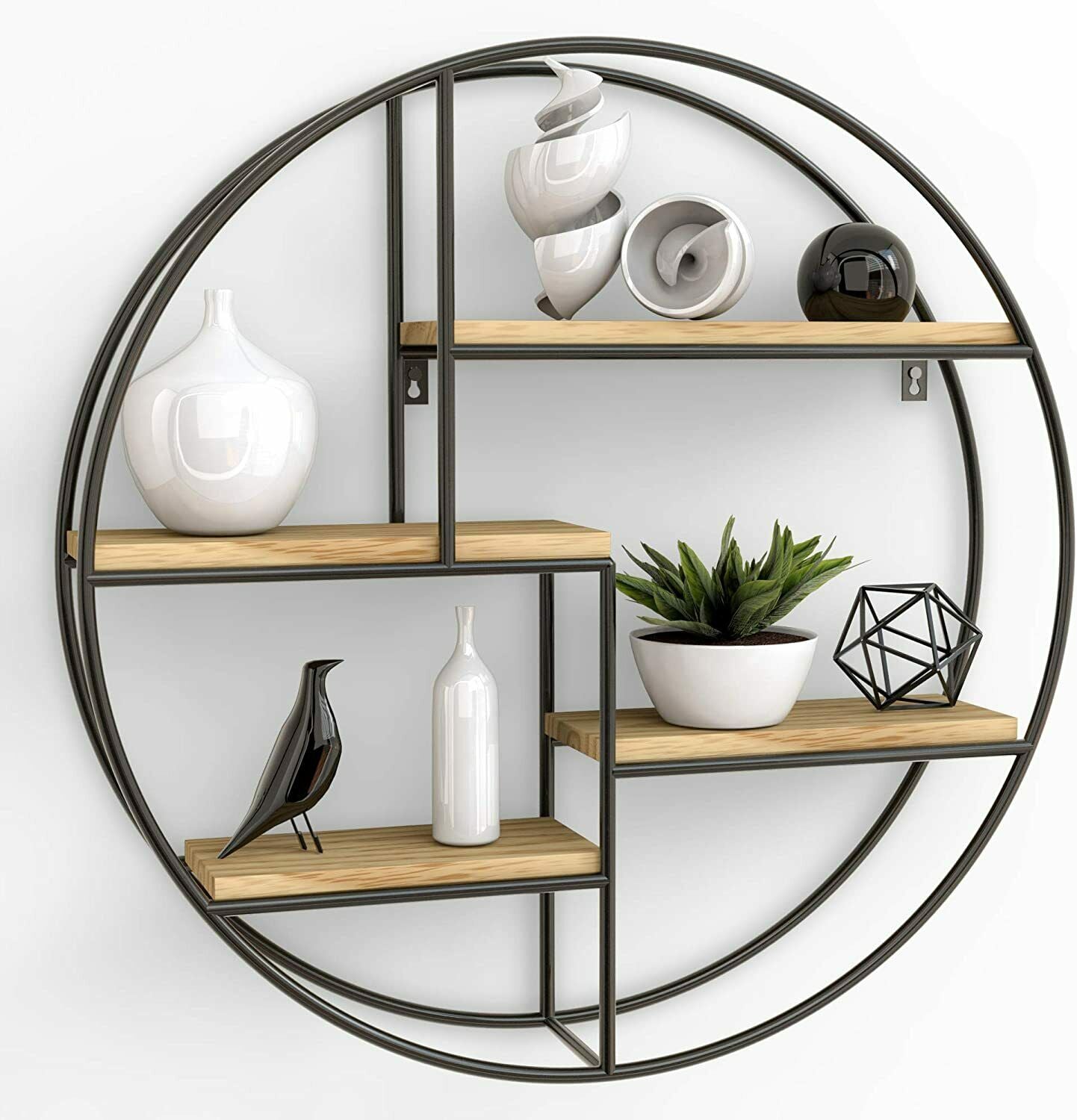 Large Round Wall Unit Industrial Style Retro Metal Wood Home Shelf Storage Iron