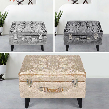 Crushed Velvet Storage Stool Trunk Pouffe Footstool Ottoman Bedroom Chest Chair