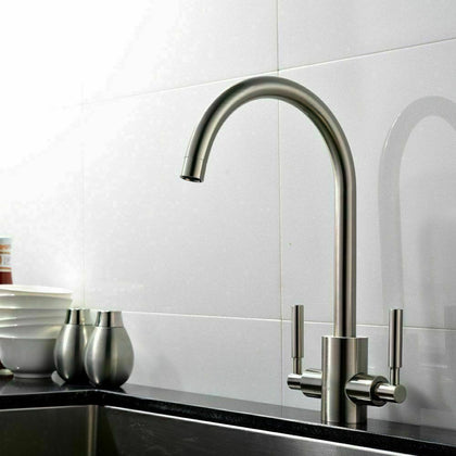 Modern Kitchen Taps Twin Dual Lever Hot Cold Tap Swivel Spout Mono Mixer