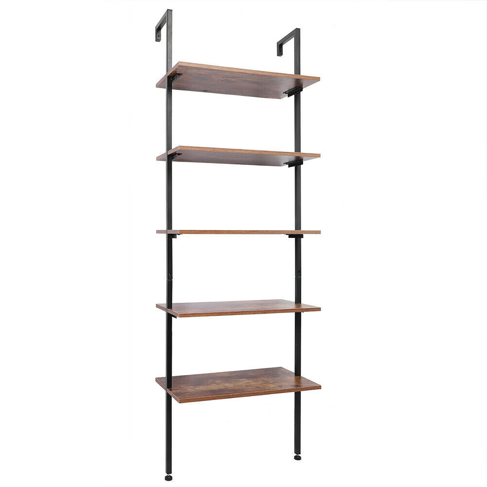 5 Tier Ladder Style Shelving Unit Reclaimed Wood Metal Lean Display Shelves