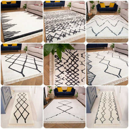 Ivory Cream Fringe Shaggy Rug Scandi Living Room Rugs Geometric Bedroom Rug Mats