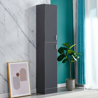 Slim & Tall Cabinet 2 Doors 4 Shelf High Gloss Floor Standing Cupboard Tallboy