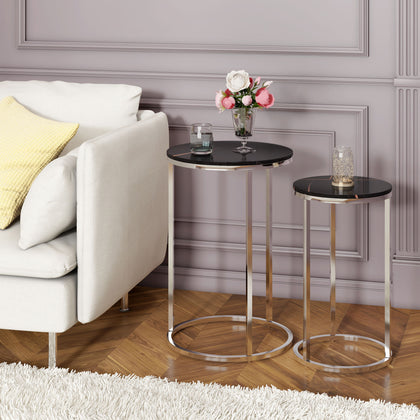 2 Pc White/Black Marble Nested Table Coffee Sofa Beside Side Table Nightstand UK
