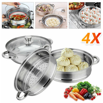 3TIER4PC INDUCTION HOB STAINLESS STEEL 28CM STEAMER POT PAN COOKER SET GLASS LID