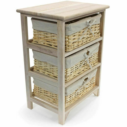 3 TIER DRAWERS WOODEN STORAGE CABINET RACK WICKER BASKETS BEDROOM UNIT FURNITURE