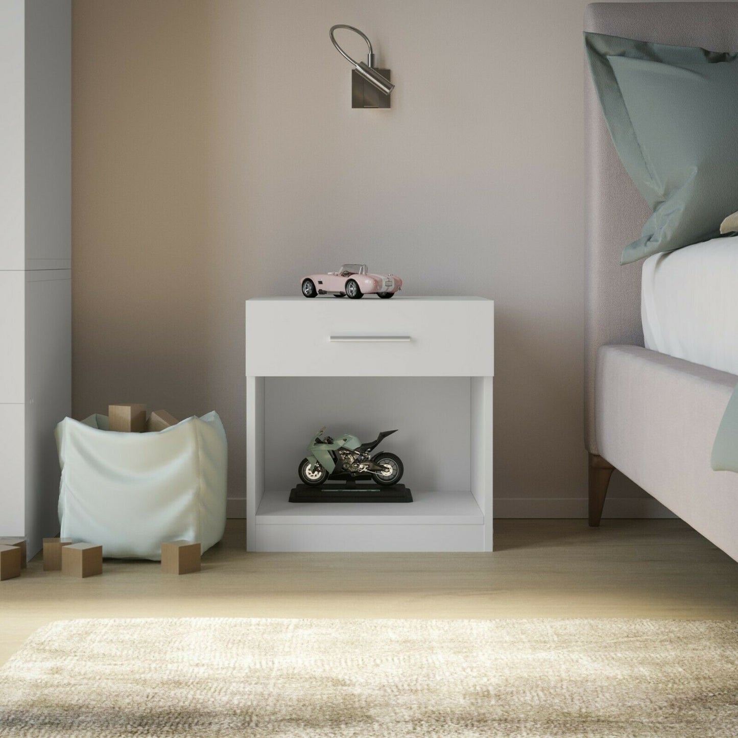 Orlando 1 Drawer Wooden Kids Bedroom Bedside Cabinet Nightstand Side Table Shelf