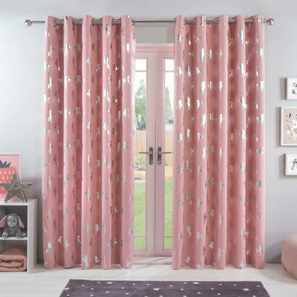 Dreamscene Unicorn Blackout Ready Made Curtains Pair Eyelet Kids Girl Pink Blush