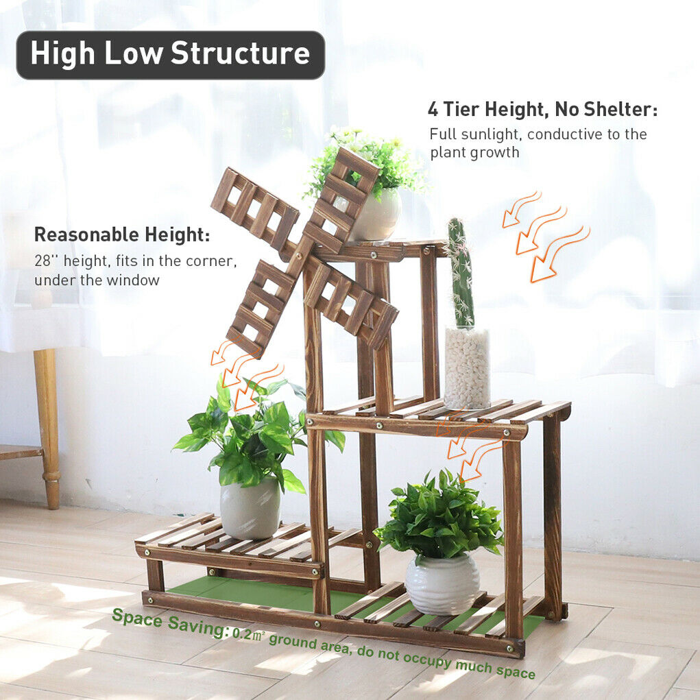 4 Tiers Flower Rack Wood Plant Stand Bonsai Display Shelf With Dutch Windmill