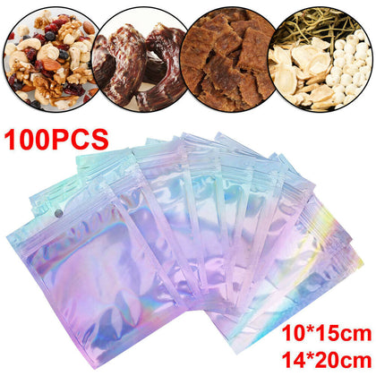 100X Holographic Foil Heat Seal Zip Lock Pouch Bag Rainbow Laser Bags NEW