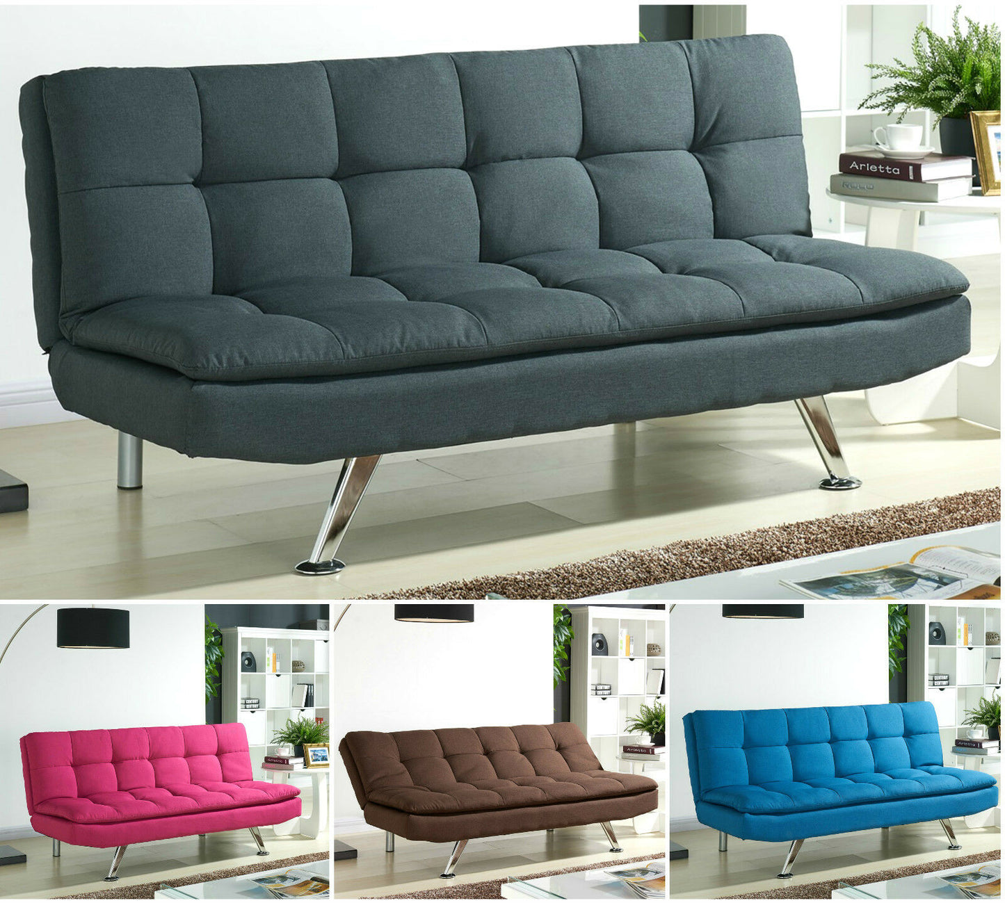 Padded Sofa Bed Fabric 3 Seater Padded Sofabed Suite Chrome Legs Cube Design New