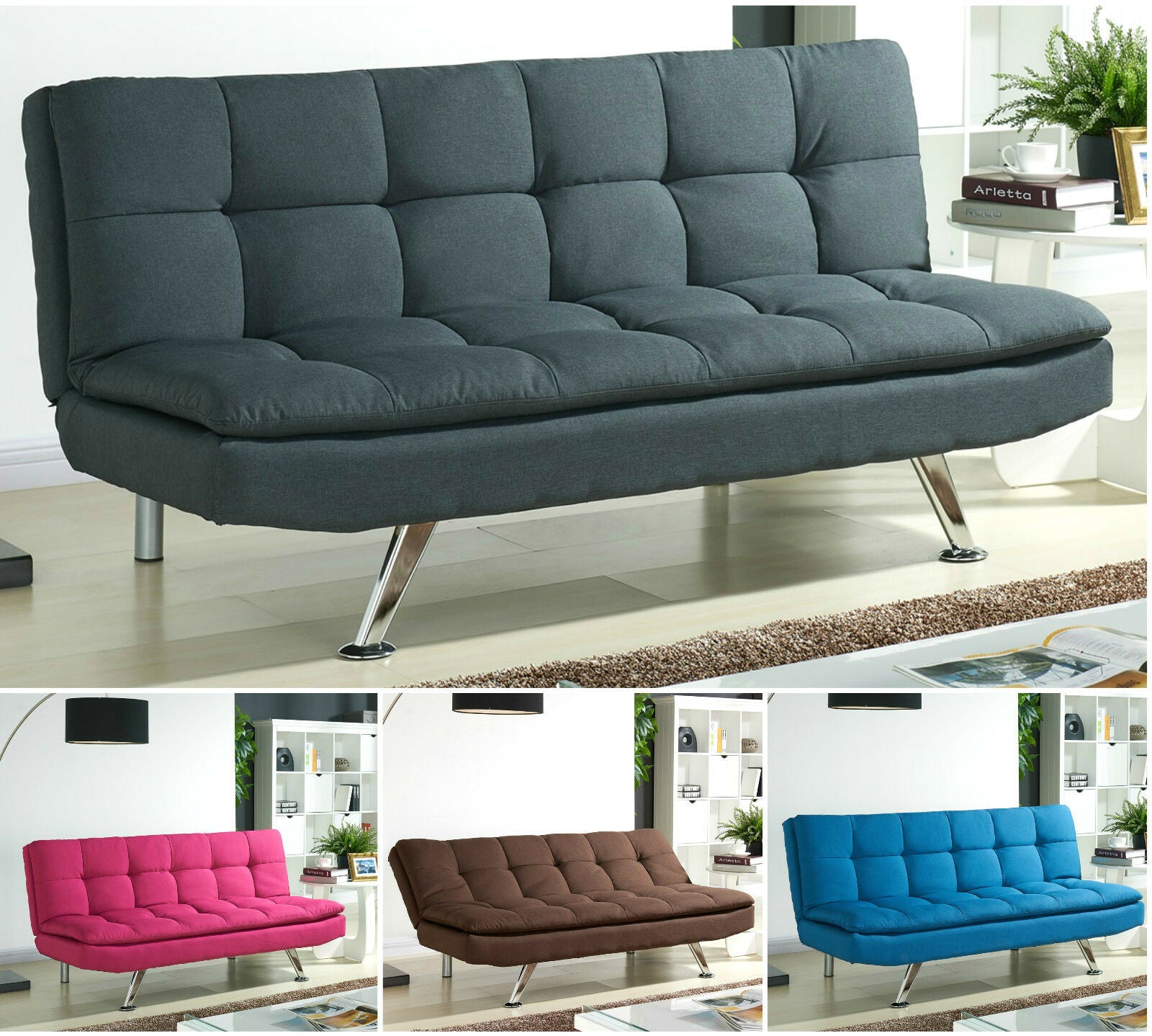 Padded Sofa Bed Fabric 3 Seater Padded Sofabed Suite Chrome Legs Cube Design New