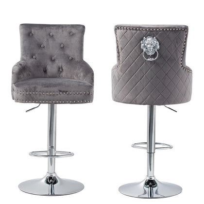 Adjustable Breakfast Grey Velvet Lion Knocker Bar Stools Wit Chrome Base Quilted