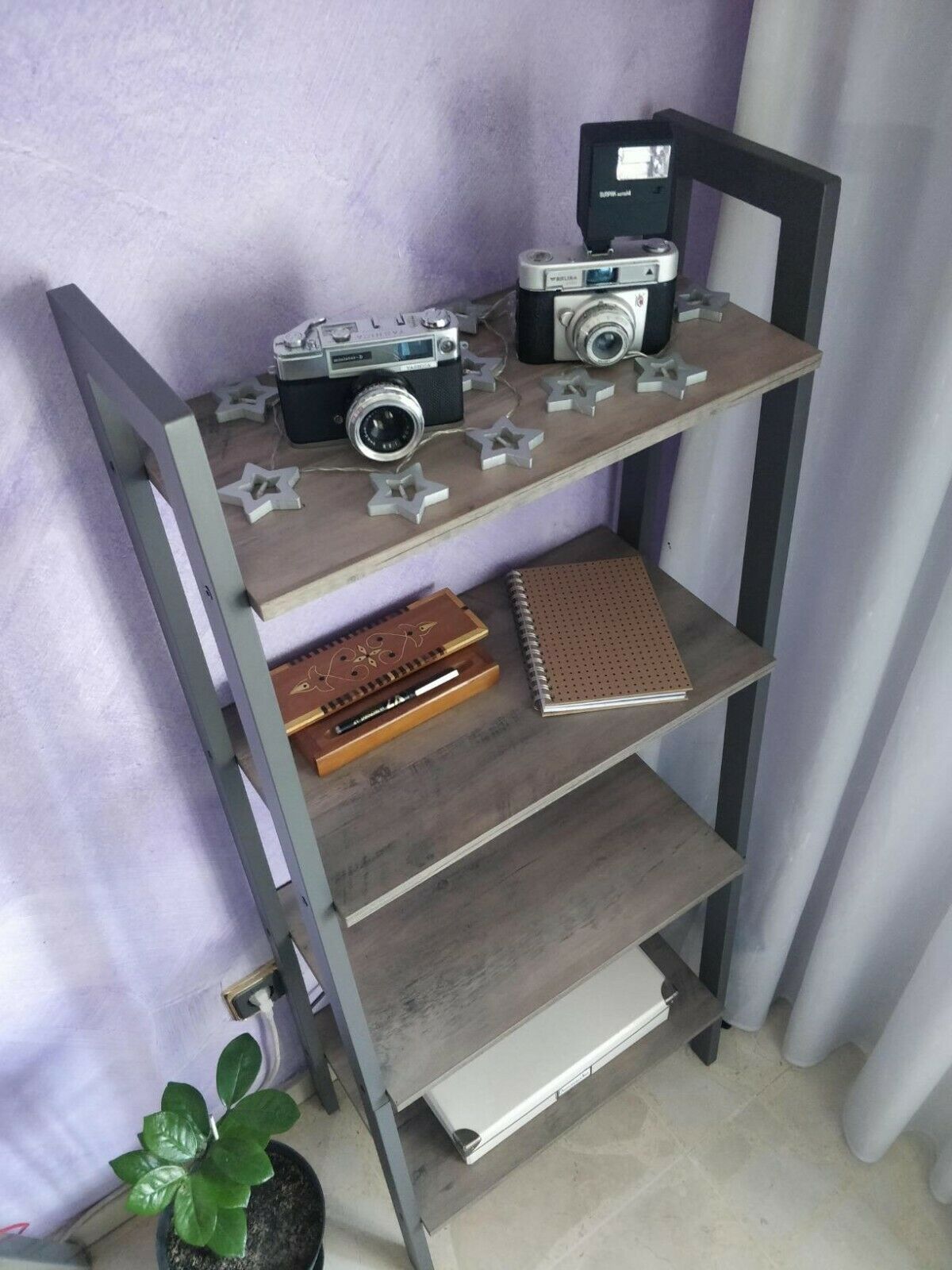 Industrial Plant Stand Vintage Bookcase Ladder Shelving Grey Display Rack Metal