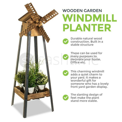 Wooden Windmill Garden Planter Rustic Wood Finish & Rotating Sails Outdoor Stand