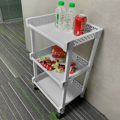 3 Tier Plastic Cream Kitchen Carts Trolley Wheels Bathroom Storage Rack Modern