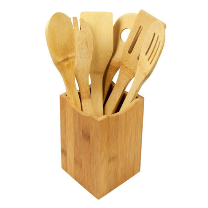 6 X Bamboo Kitchen Cookware Tool Set Spoon Spatula Turner with Utensil Holder