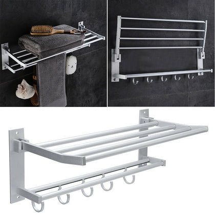 Wall Mounted Towel Rail Foldable Bathroom Towel Holder Shelf Storage Rack Hooks