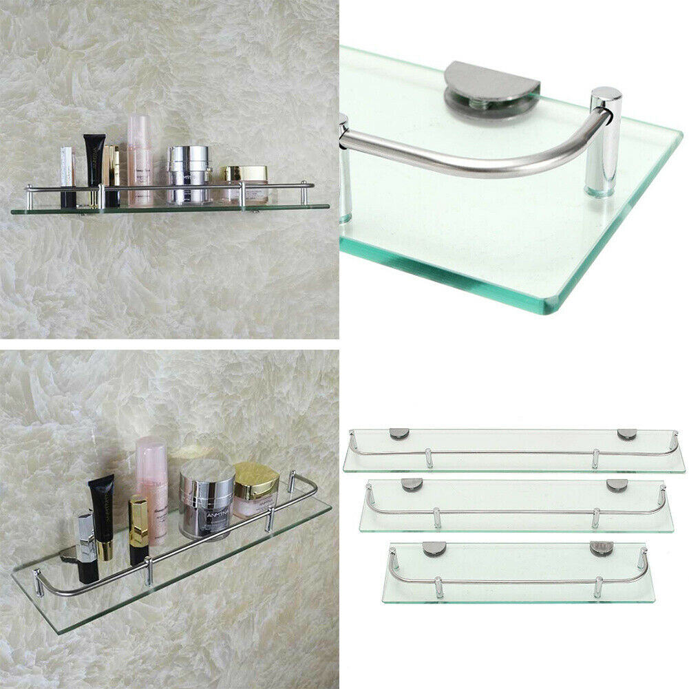 Glass Bathroom Caddy Shelf Wall Mounted Bath Rack Floating Shelves Organiser NEW