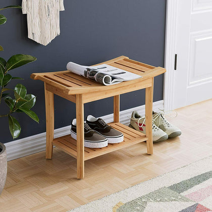 Bath Stool Bamboo Shower Bench Storage Seat Foot Rest Shaving Stool Spa