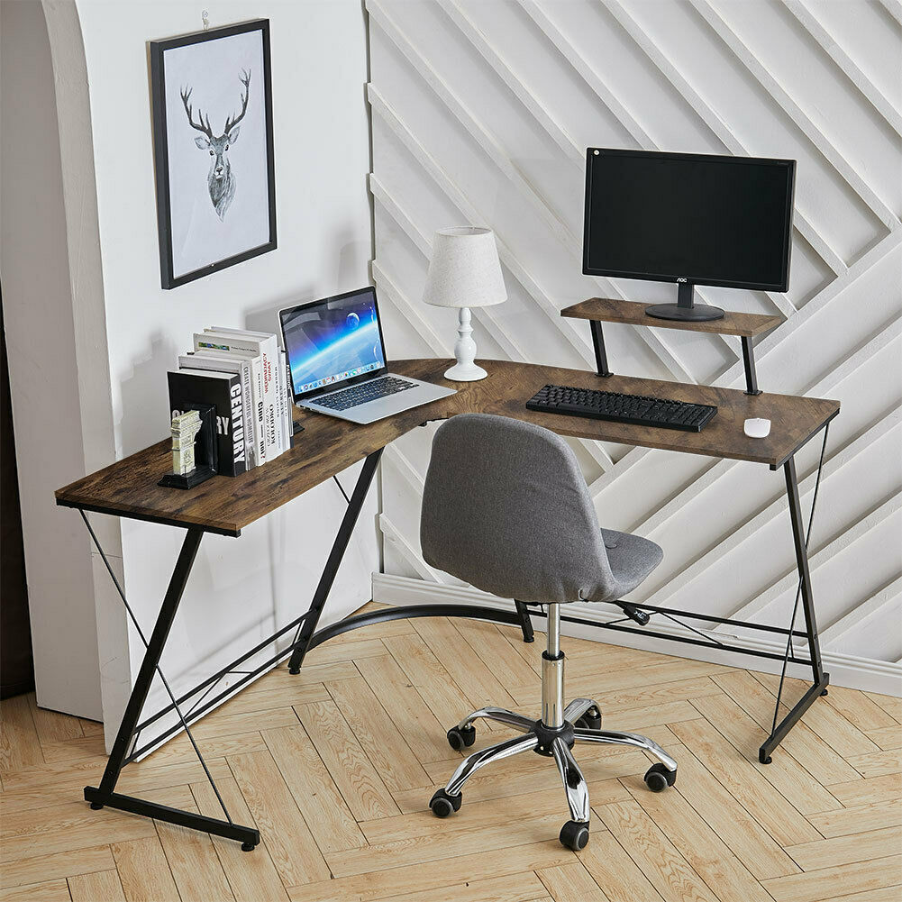 Office Round Corner Desk L-Shaped Wood Top Table PC Gaming Computer Wo ...