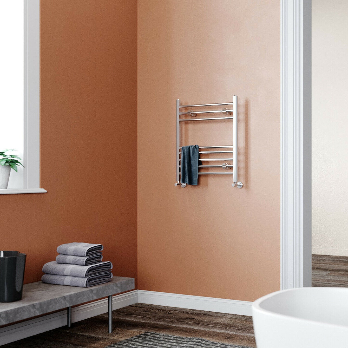 Chrome Towel Rail Radiator Rads Bathroom Heated Straight Ladder Warmer w/ Valves