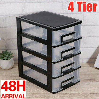 4 Tier Plastic Drawer Storage Box Home Office Desktop Organiser Unit Boxes Black