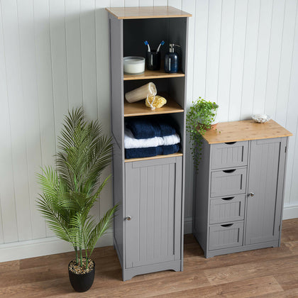 Bathroom Shelf Cabinet Grey Bamboo Freestanding Tallboy Storage Unit Christow