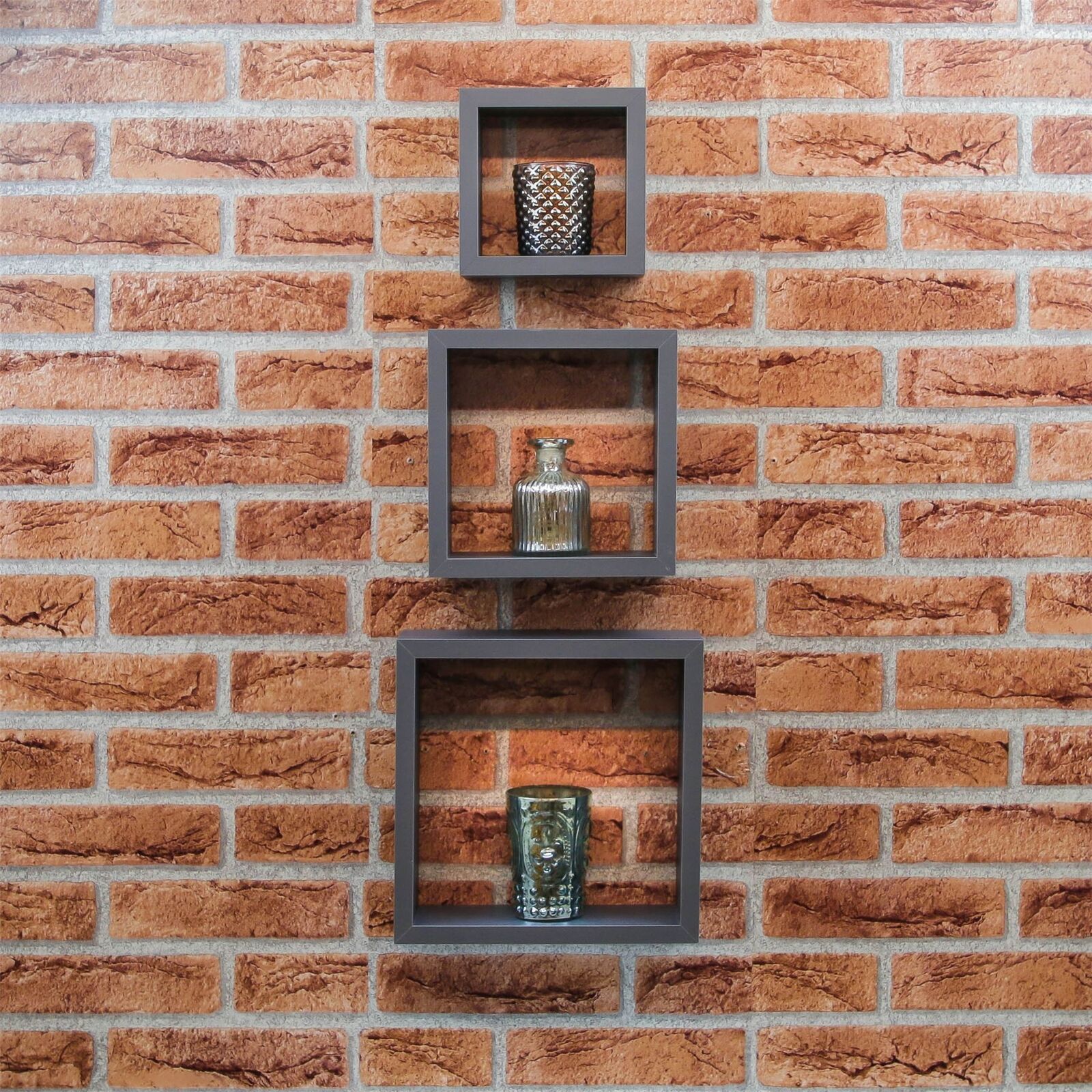 Square Display Shelves Floating Wooden Wall Storage - 3 Sizes - Grey - Set of 3