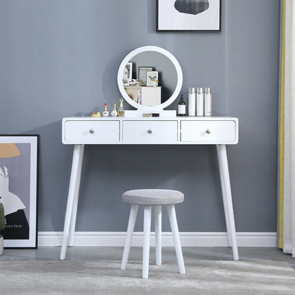 Chic Dressing Table Vanity Table with Round Mirror Drawer Stool Set Bedroom BN
