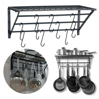 Metal Kitchen Pot Pan Utensil Rack Wall Mounted Organizer With Hanging Hooks