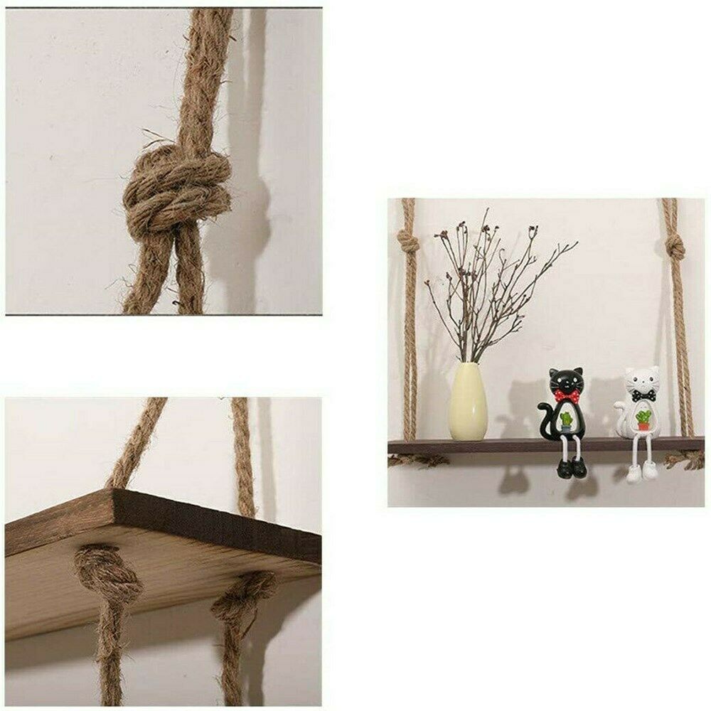 3 Tiers Rustic Wooden Wall Hanging Rope Shelf Mounted Floating Storage Unit Home