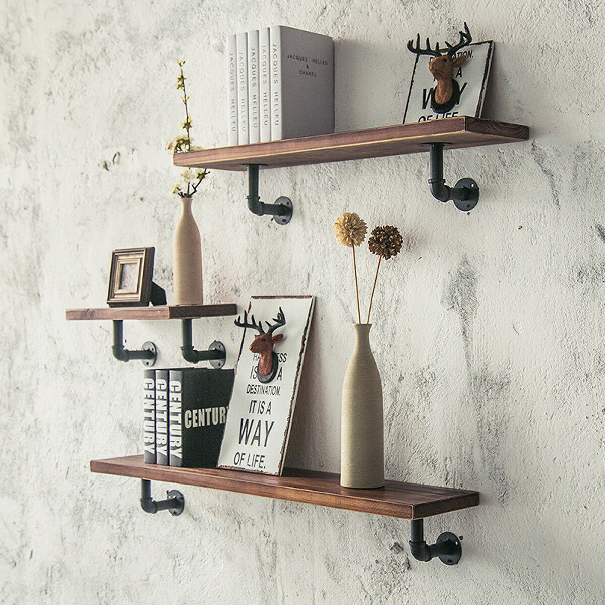 Vintage Industrial Pipe Wooden Metal Wall Floating Shelf Storage Shelving Unit