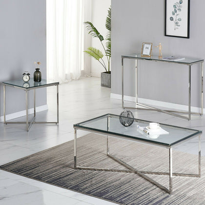 Console Coffee End Table Clear Tempered Glass Furniture Chrome Cross Base Leg
