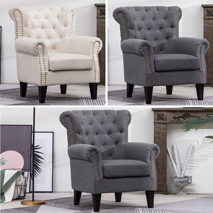 Fabric Linen Upholstered Armchair Living Room Office Tufted Accent Sofa Chair