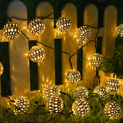 30LED Moroccan Solar Garden Metal Ball String Lights Hanging Fairy Light Outdoor